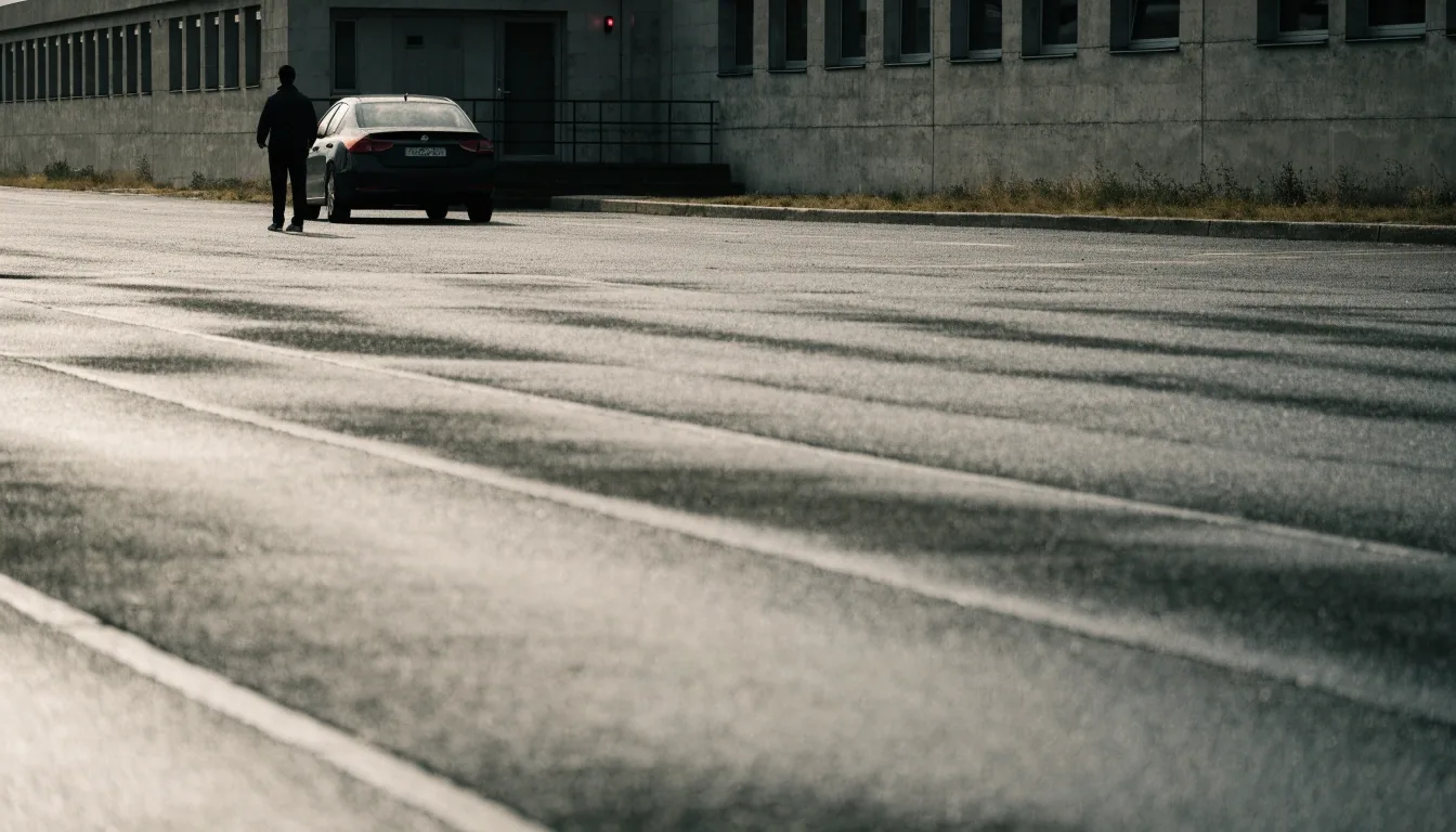Kylmä arkikuvamainen näkymä autokorjaamon pihalta, jossa henkilö seisoo auton vieressä selkä kameraan päin