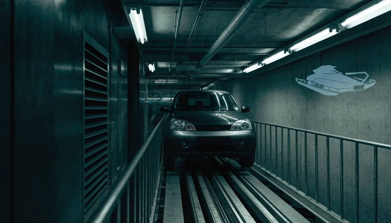 Cyanotype drawing of a Finnish vehicle inspection lane with a car on the lift and a faint snowmobile outline behind it