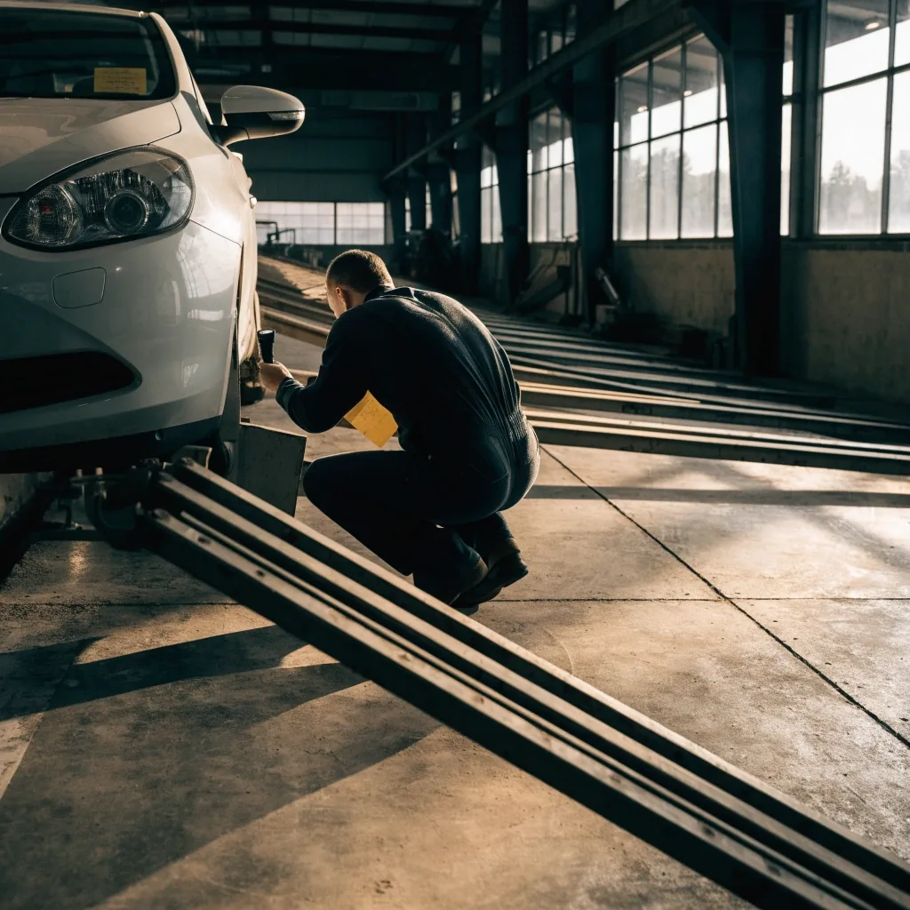 Cool daylight view of a car on the inspection lane inside a Finnish vehicle inspection hall