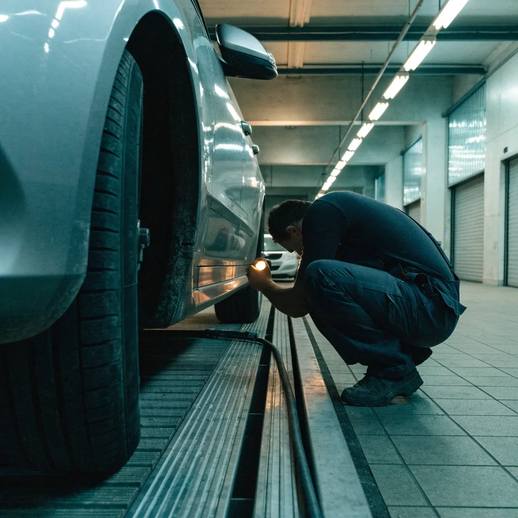 Cyanotype-style drafting view of a car standing on an inspection lane lift inside a cold concrete hall